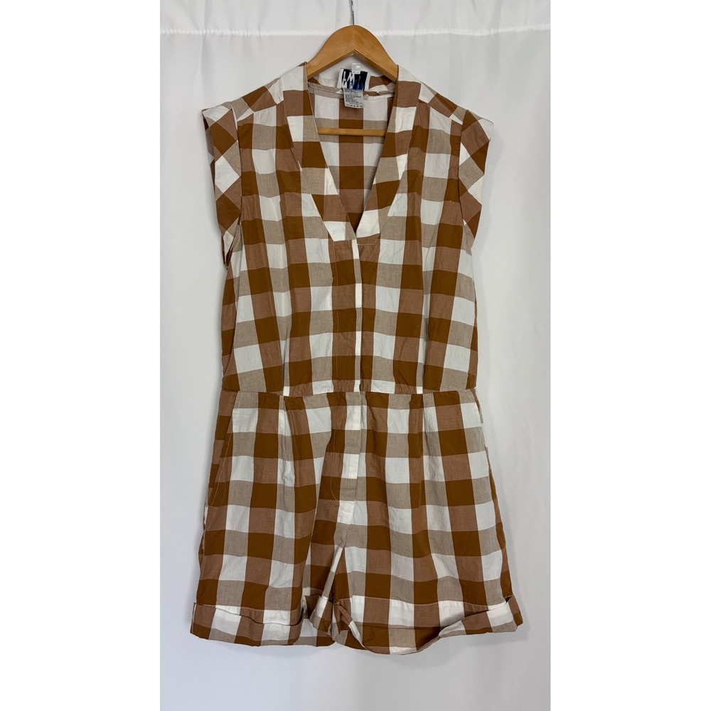 Anthropologie Gingham‎ Check Cotton Shorts Romper Womens Medium Prairie Country